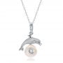 14k White Gold Dolphin Fresh White Pearl And Diamond Pendant - Three-Quarter View -  100336 - Thumbnail