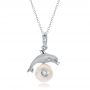 18k White Gold 18k White Gold Dolphin Fresh White Pearl And Diamond Pendant - Three-Quarter View -  100336 - Thumbnail