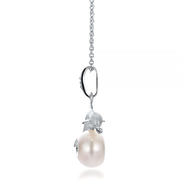 14k White Gold Dolphin Fresh White Pearl And Diamond Pendant - Side View - 100336