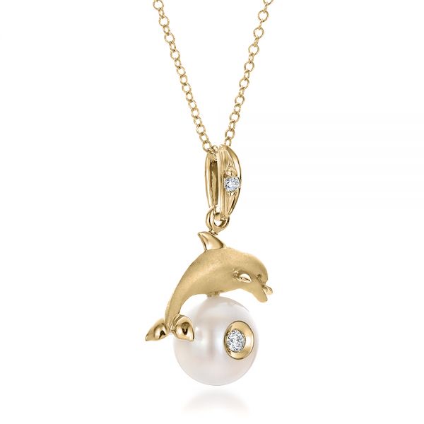 18k Yellow Gold 18k Yellow Gold Dolphin Fresh White Pearl And Diamond Pendant - Flat View -  100336