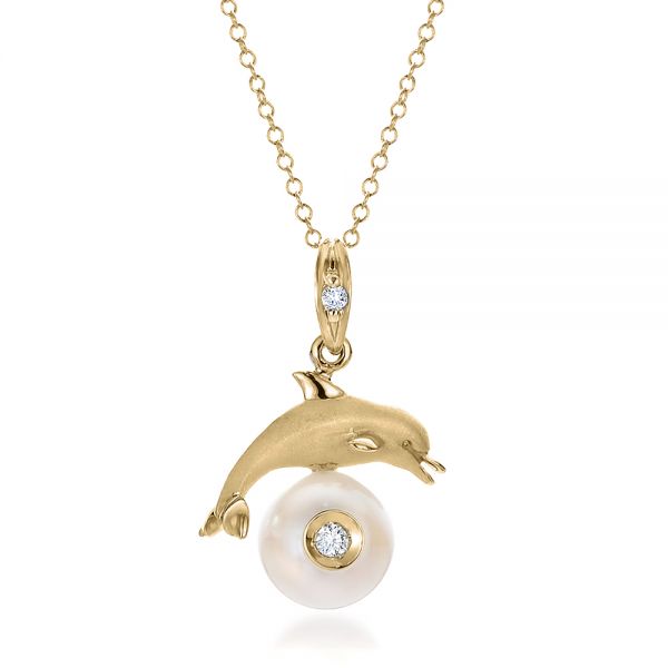 14k Yellow Gold 14k Yellow Gold Dolphin Fresh White Pearl And Diamond Pendant - Three-Quarter View -  100336