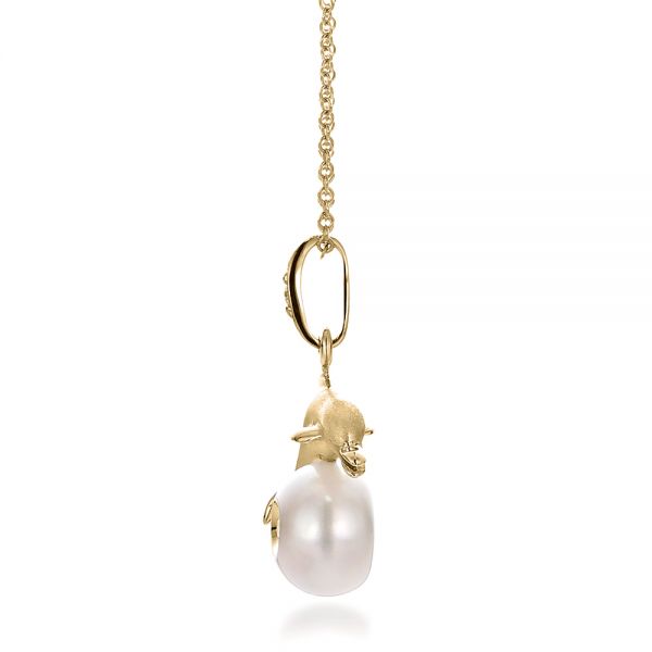 18k Yellow Gold 18k Yellow Gold Dolphin Fresh White Pearl And Diamond Pendant - Side View -  100336
