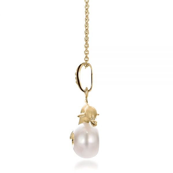 18k Yellow Gold 18k Yellow Gold Dolphin Fresh White Pearl And Diamond Pendant - Side View - 100336
