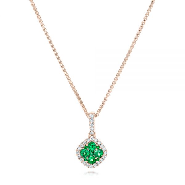 14k Rose Gold 14k Rose Gold Emerald Cluster And Diamond Halo Pendant - Three-Quarter View -  102621