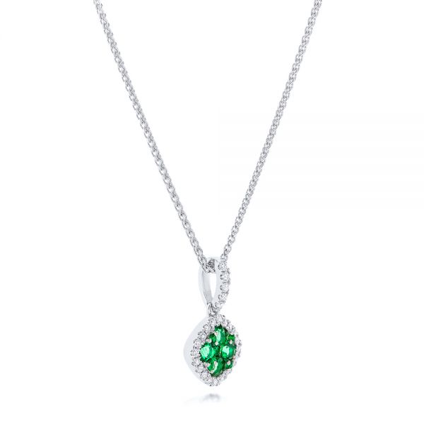 14k White Gold Emerald Cluster And Diamond Halo Pendant - Flat View -  102621