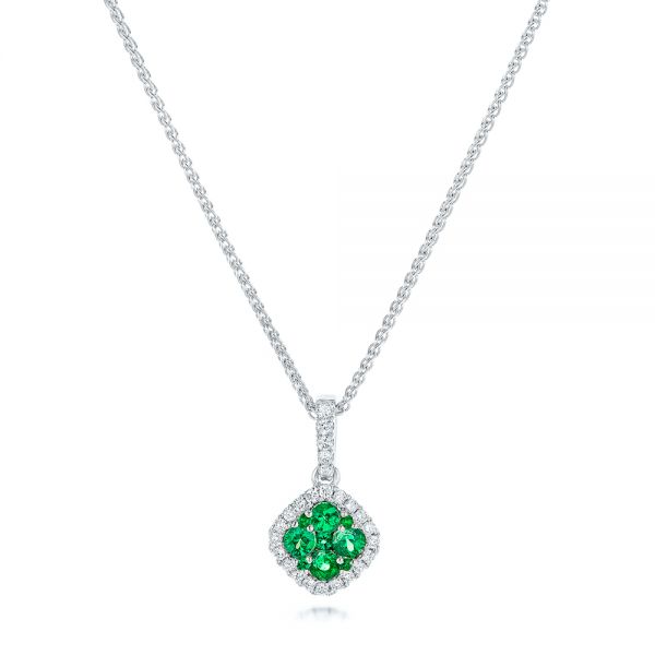 14k White Gold Emerald Cluster And Diamond Halo Pendant - Three-Quarter View -  102621