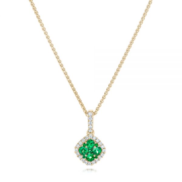 14k Yellow Gold 14k Yellow Gold Emerald Cluster And Diamond Halo Pendant - Three-Quarter View -  102621