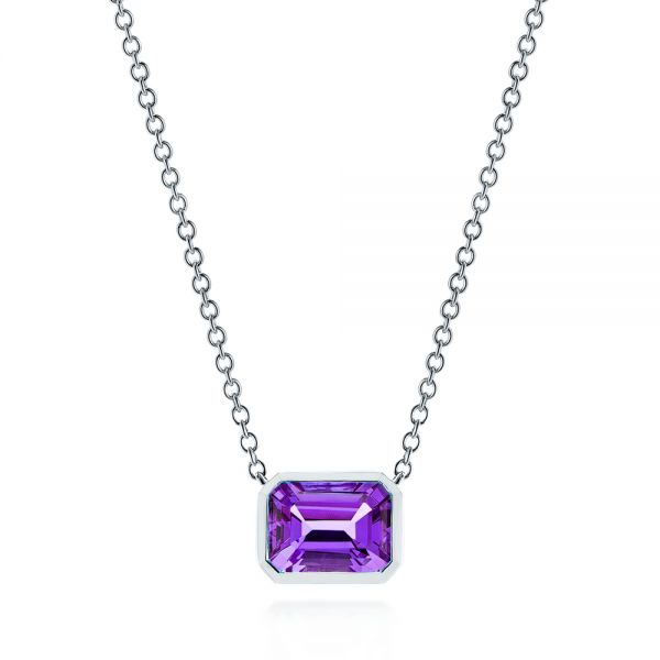 14k White Gold 14k White Gold Emerald Cut Amethyst Pendant - Three-Quarter View -  106543