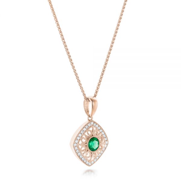18k Rose Gold 18k Rose Gold Emerald And Diamond Filigree Pendant - Flat View - 102691