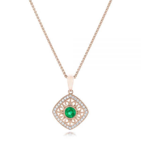 14k Rose Gold 14k Rose Gold Emerald And Diamond Filigree Pendant - Three-Quarter View -  102691