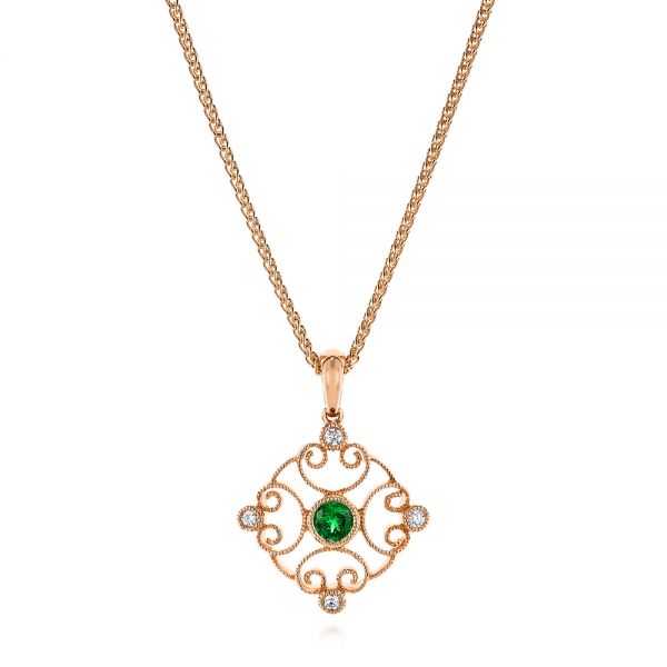 18k Rose Gold 18k Rose Gold Emerald And Diamond Filigree Pendant - Three-Quarter View -  106014