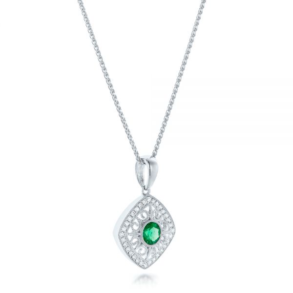 14k White Gold Emerald And Diamond Filigree Pendant - Flat View - 102691