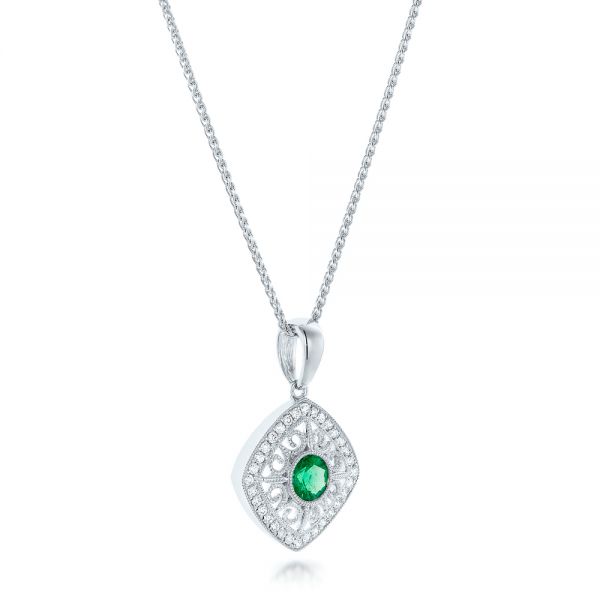 14k White Gold Emerald And Diamond Filigree Pendant - Flat View -  102691