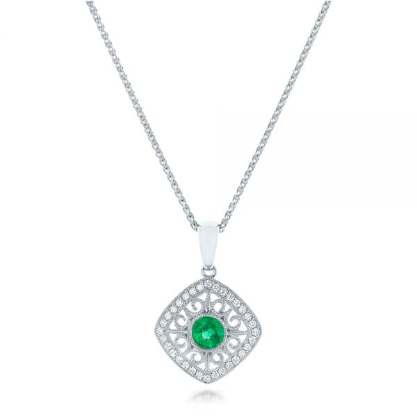 14k White Gold Emerald And Diamond Filigree Pendant - Three-Quarter View -  102691