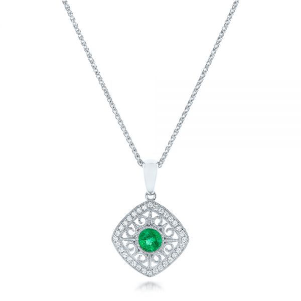 18k White Gold 18k White Gold Emerald And Diamond Filigree Pendant - Three-Quarter View -  102691