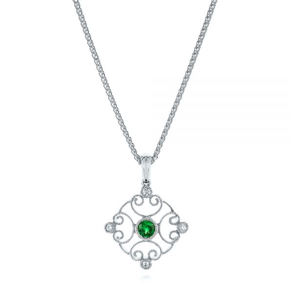 14k White Gold 14k White Gold Emerald And Diamond Filigree Pendant - Three-Quarter View -  106014