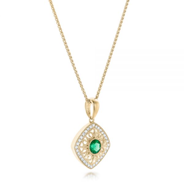18k Yellow Gold 18k Yellow Gold Emerald And Diamond Filigree Pendant - Flat View - 102691