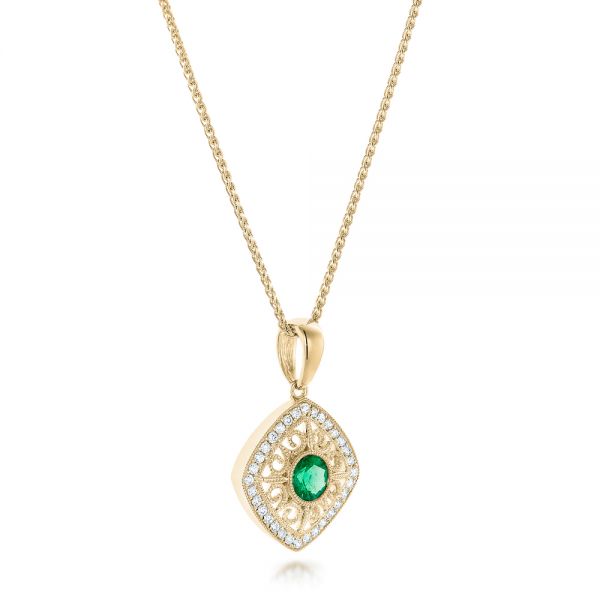 18k Yellow Gold 18k Yellow Gold Emerald And Diamond Filigree Pendant - Flat View -  102691