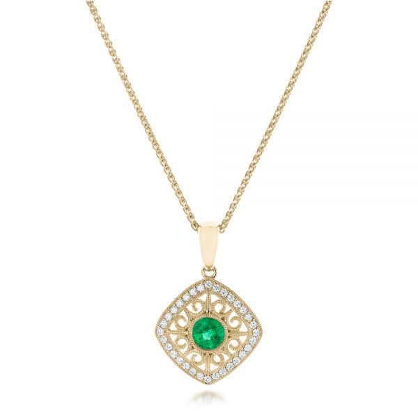 14k Yellow Gold 14k Yellow Gold Emerald And Diamond Filigree Pendant - Three-Quarter View -  102691