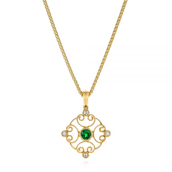 14k Yellow Gold Emerald And Diamond Filigree Pendant - Three-Quarter View -  106014