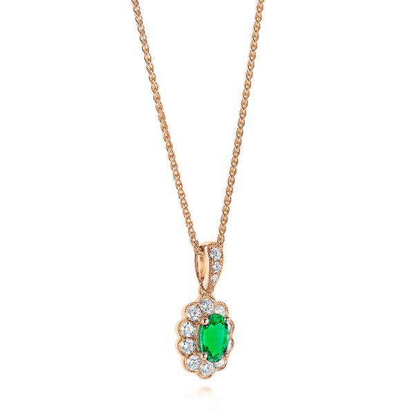 18k Rose Gold 18k Rose Gold Emerald And Diamond Halo Pendant - Flat View -  106451