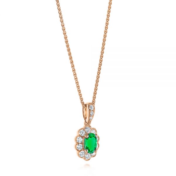 14k Rose Gold 14k Rose Gold Emerald And Diamond Halo Pendant - Flat View -  106451