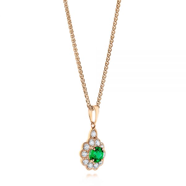 18k Rose Gold 18k Rose Gold Emerald And Diamond Halo Pendant - Flat View - 106452