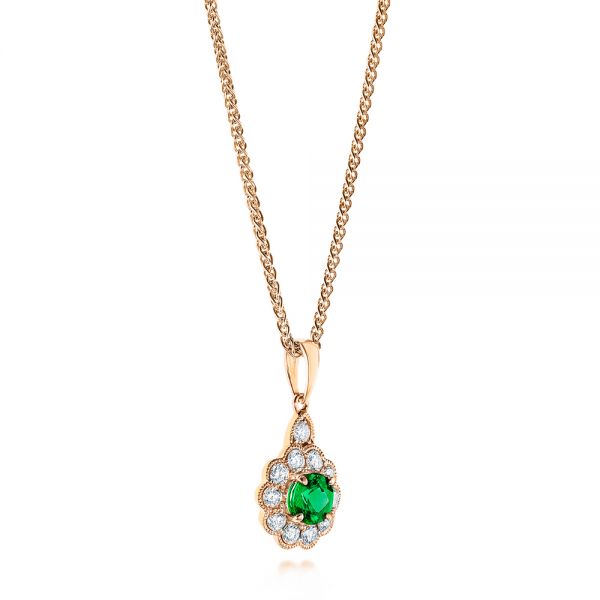 14k Rose Gold 14k Rose Gold Emerald And Diamond Halo Pendant - Flat View -  106452