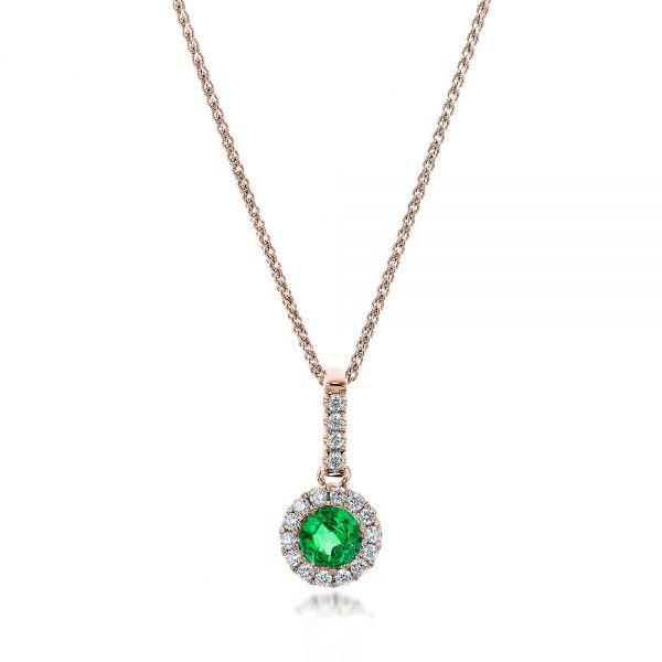 18k Rose Gold 18k Rose Gold Emerald And Diamond Halo Pendant - Three-Quarter View -  100975