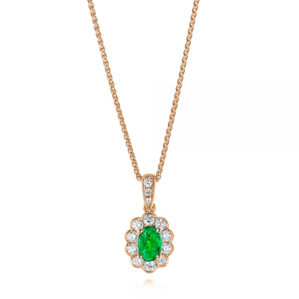 18k Rose Gold 18k Rose Gold Emerald And Diamond Halo Pendant - Three-Quarter View -  106451