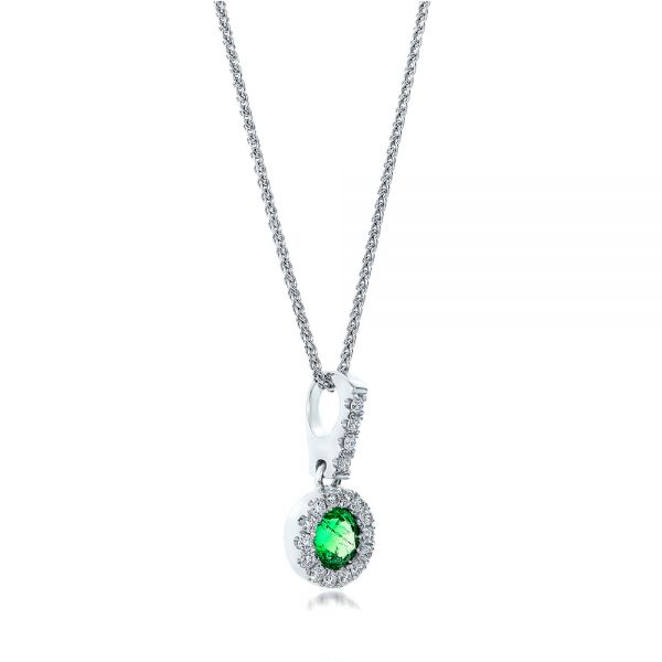 14k White Gold Emerald And Diamond Halo Pendant - Flat View -  100975