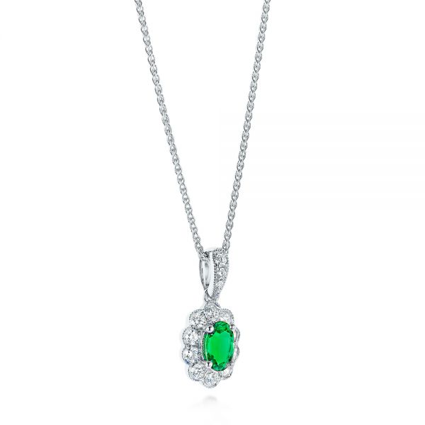 14k White Gold 14k White Gold Emerald And Diamond Halo Pendant - Flat View - 106451