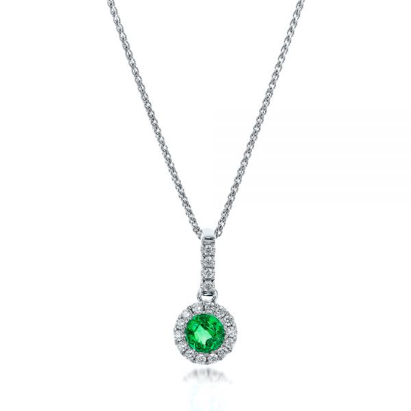 14k White Gold Emerald And Diamond Halo Pendant - Three-Quarter View -  100975