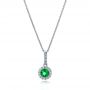14k White Gold Emerald And Diamond Halo Pendant - Three-Quarter View -  100975 - Thumbnail