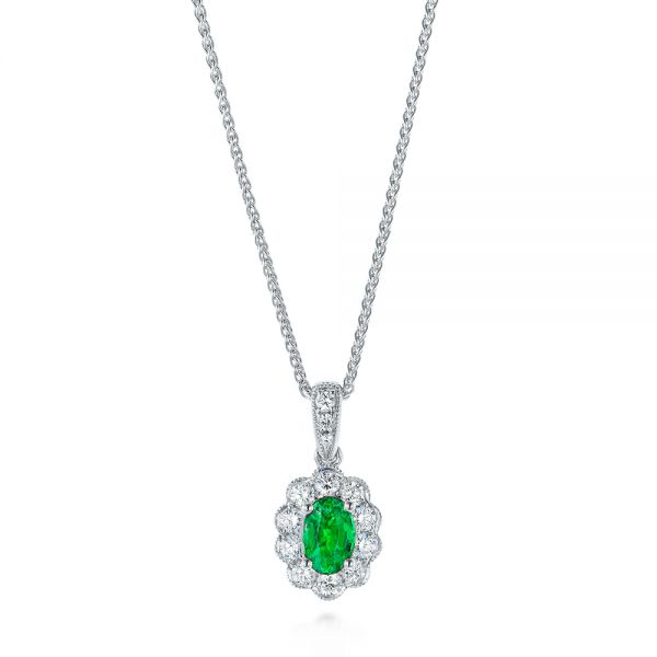 14k White Gold 14k White Gold Emerald And Diamond Halo Pendant - Three-Quarter View -  106451