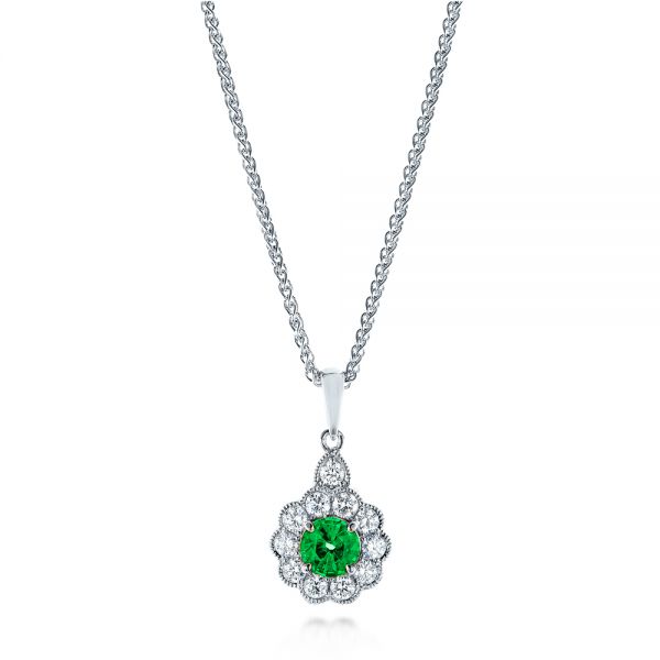 18k White Gold 18k White Gold Emerald And Diamond Halo Pendant - Three-Quarter View -  106452