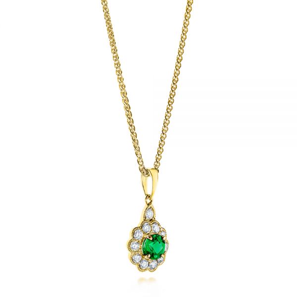 18k Yellow Gold 18k Yellow Gold Emerald And Diamond Halo Pendant - Flat View -  106452