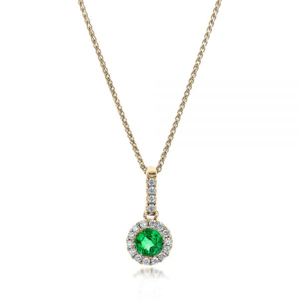 14k Yellow Gold 14k Yellow Gold Emerald And Diamond Halo Pendant - Three-Quarter View -  100975