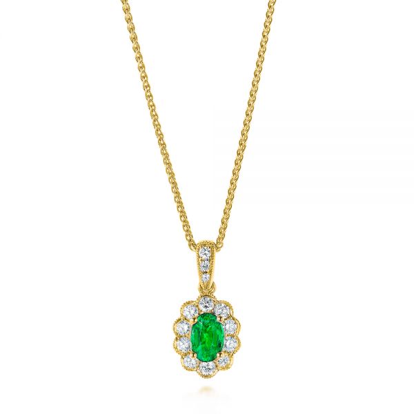 14k Yellow Gold 14k Yellow Gold Emerald And Diamond Halo Pendant - Three-Quarter View -  106451