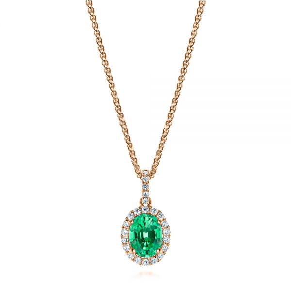 14k Rose Gold 14k Rose Gold Emerald And Diamond Oval Halo Pendant - Three-Quarter View -  106536