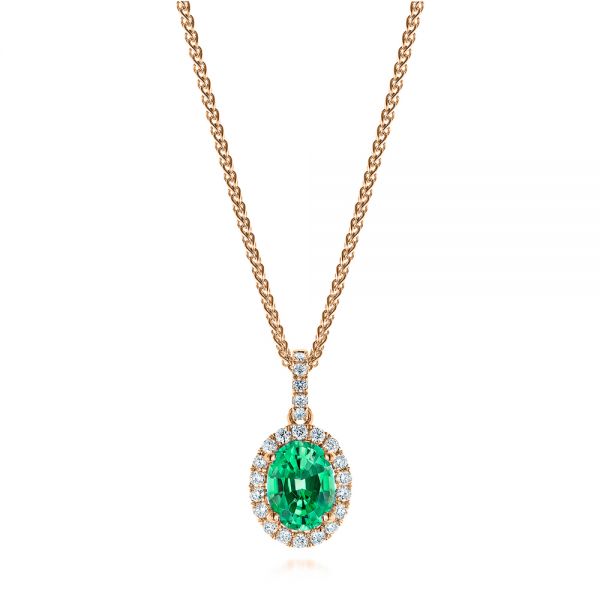 14k Rose Gold 14k Rose Gold Emerald And Diamond Oval Halo Pendant - Three-Quarter View - 106536