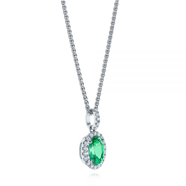 18k White Gold 18k White Gold Emerald And Diamond Oval Halo Pendant - Flat View -  106536