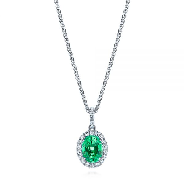  Platinum Platinum Emerald And Diamond Oval Halo Pendant - Three-Quarter View -  106536