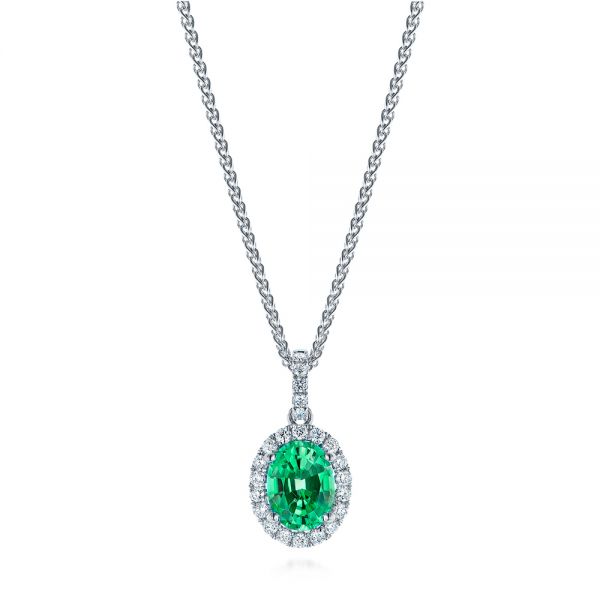 14k White Gold 14k White Gold Emerald And Diamond Oval Halo Pendant - Three-Quarter View -  106536