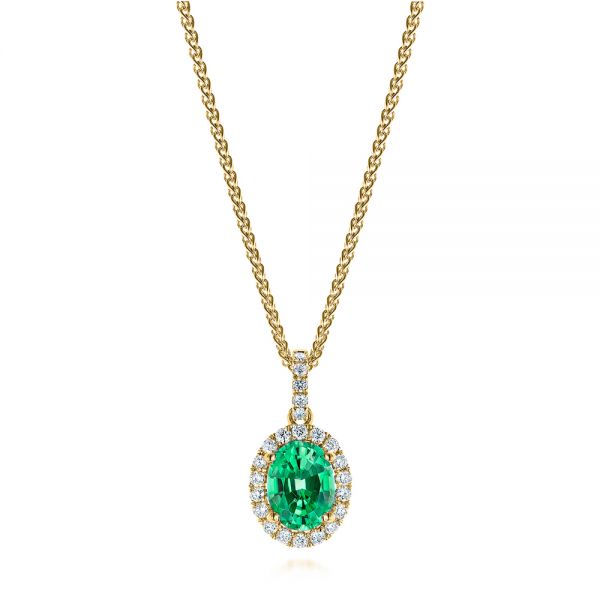 Emerald And Diamond Oval Halo Pendant - Three-Quarter View -  106536