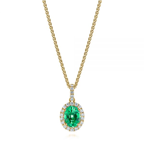 14k Yellow Gold 14k Yellow Gold Emerald And Diamond Oval Halo Pendant - Three-Quarter View -  106536