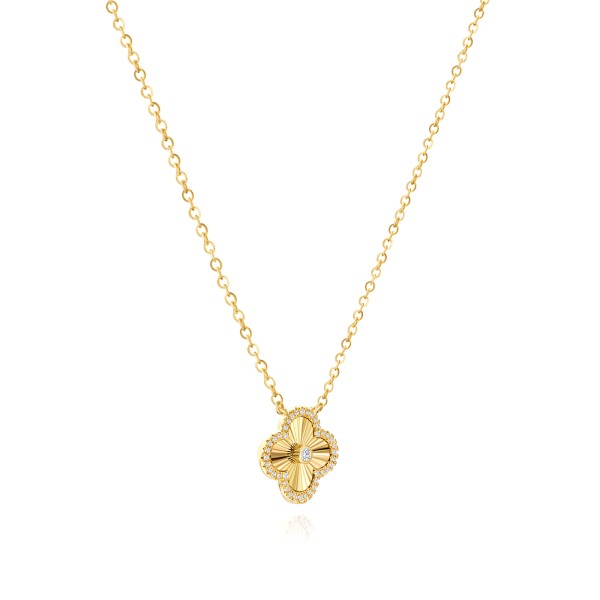 14k Yellow Gold Fluted Clover Bezel Diamond Necklace - Flat View -  107990 - Thumbnail