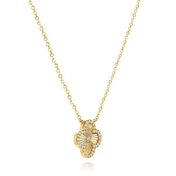 14k Yellow Gold Fluted Clover Diamond Necklace - Flat View - 107760
