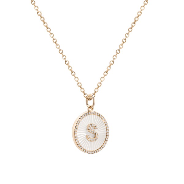 14k Rose Gold 14k Rose Gold Fluted Mop Disc Diamond Initial Necklace - Letter S - Flat View -  107961 - Thumbnail
