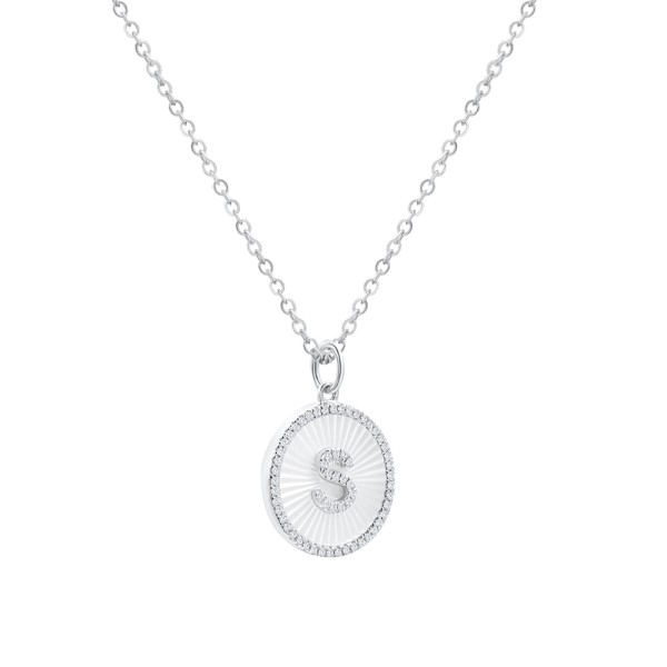 18k White Gold 18k White Gold Fluted Mop Disc Diamond Initial Necklace - Letter S - Flat View -  107961 - Thumbnail